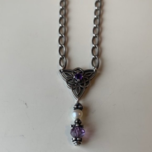 Sterling Silver, Amethyst and Pearl Celtic Design Necklace - Picture 2 of 6